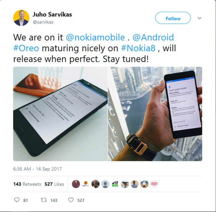 Nokia 8 oreo update being tested